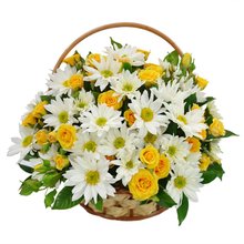 Cesta de Margaridas e Rosas Amarelas