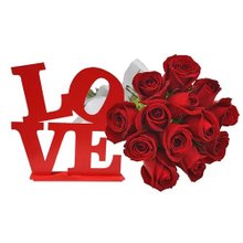 Buquê de 12 Rosas Vermelhas e Placa Love