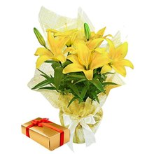 Lírio Amarelo Plantado e Caixa de Chocolate