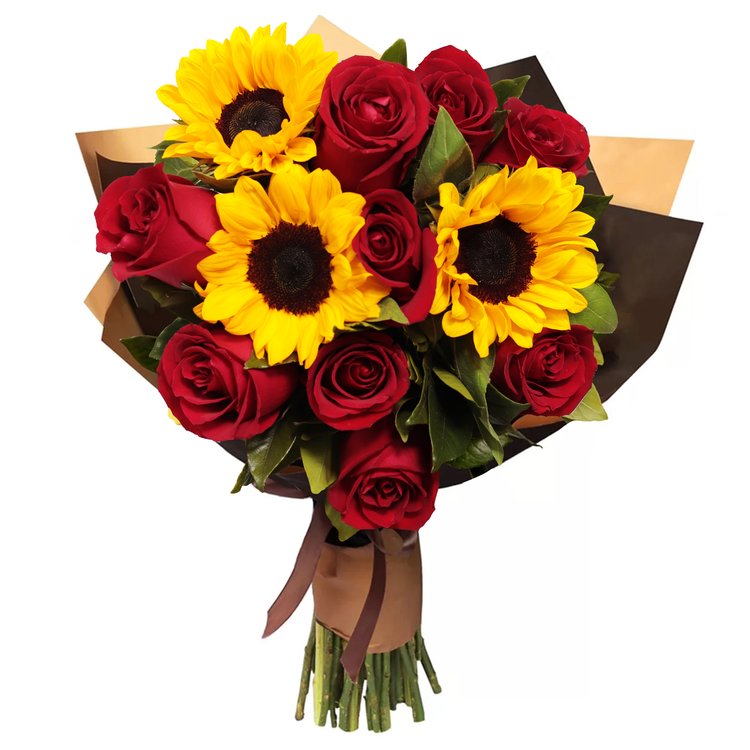 Buquê de Girassol e Rosas Vermelhas