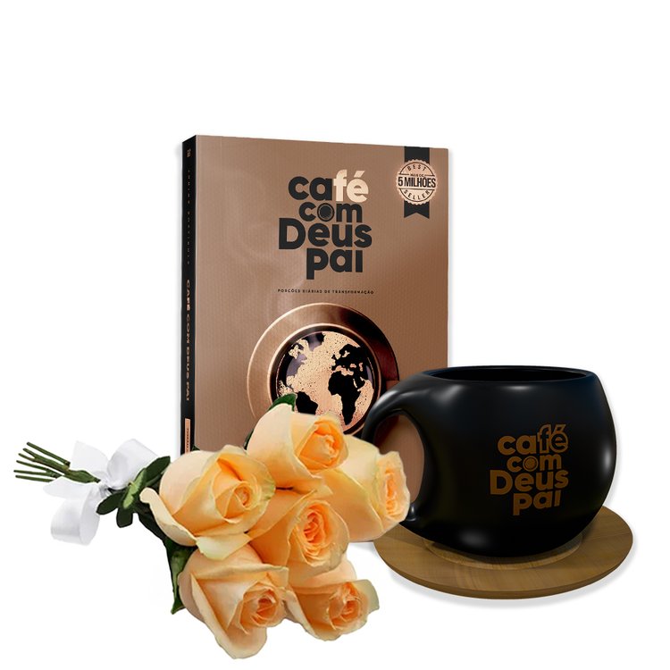 Buquê de 6 Rosas Champanhe com Livro e Caneca Café com Deus Pai