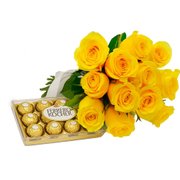Buquê de 12 Rosas Amarelas e Ferrero
