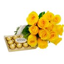 Buquê de 12 Rosas Amarelas e Ferrero