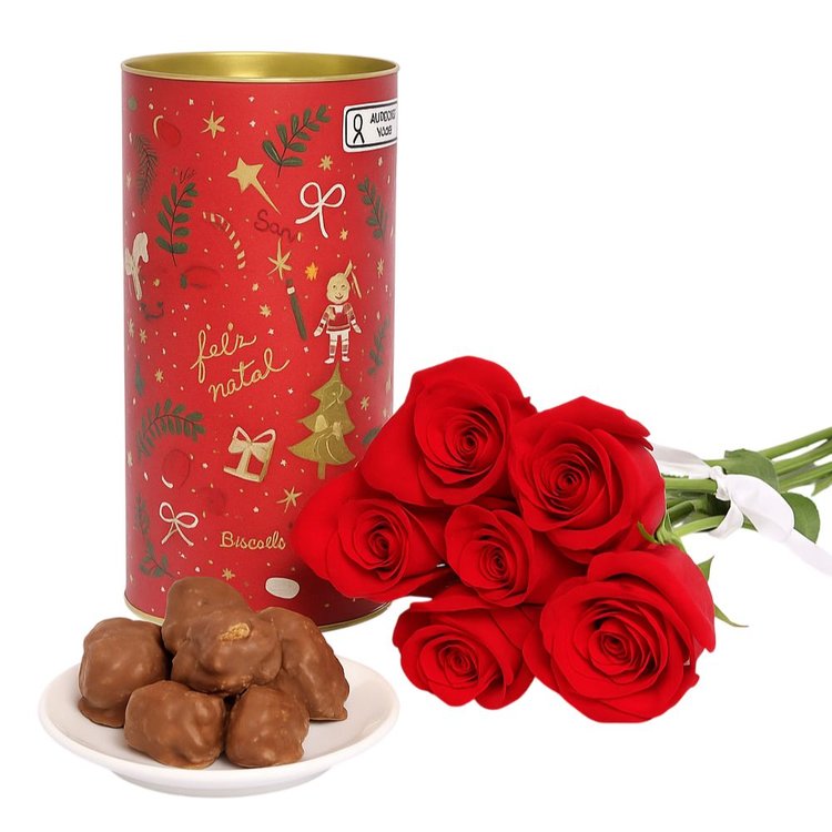 Buquê de 6 Rosas Vermelhas e Pedaccio Biscoitê