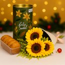 Buquê Partitura Girassol e Lata Cookie Speculoos Biscoitê