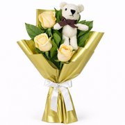 Buquê Trio de Rosas Champanhe com Urso Chaveirinho