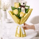 Buquê Trio de Rosas Champanhe com Urso Chaveirinho