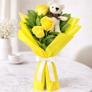 Buquê Trio de Rosas Amarelas com Urso Chaveirinho