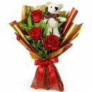 Buquê Trio de Rosas Vermelhas com Urso Chaveirinho