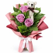 Buquê Trio de Rosas Lilás com Urso Chaveirinho