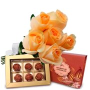 Buque de 6 Rosas Champanhe e Caixa de Chocolate Giu