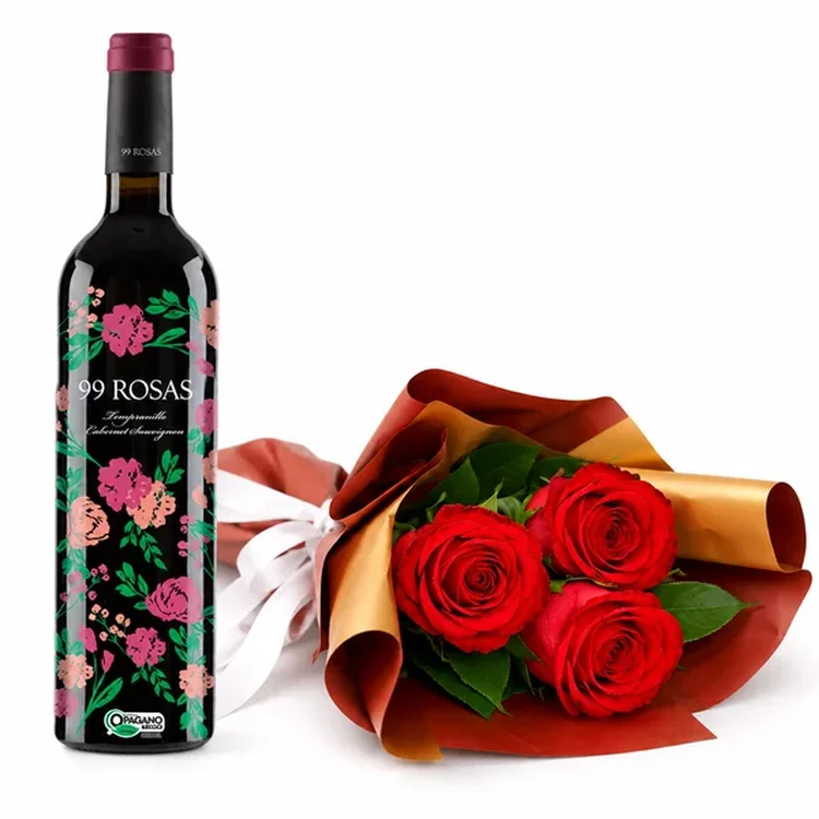 Vinho Tinto Espanhol 99 Rosas Cabernet e Buque de 3 Rosas