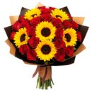 Buquê de 6 Girassóis e 24 Rosas Vermelhas