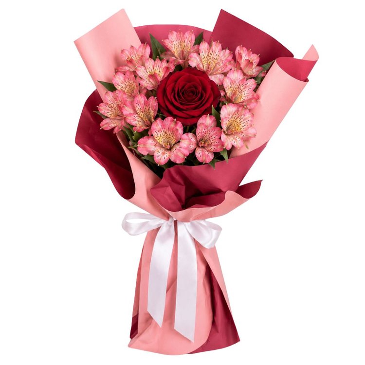 Buquê de Astromélias Cor de Rosa e Rosa Vermelha - Serenata