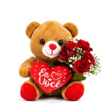 Mini Buquê de Rosa Spray Vermelho e Urso Narizinho