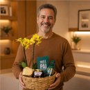 Cesta Aurora com Orquídea Amarela e Frappuccino Starbucks