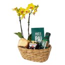 Cesta Aurora com Orquídea Amarela e Frappuccino Starbucks