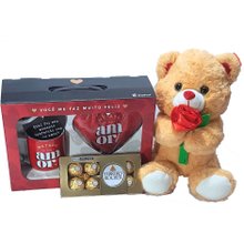 Cesta Presente Com Urso, Caneca E Almofada Coração