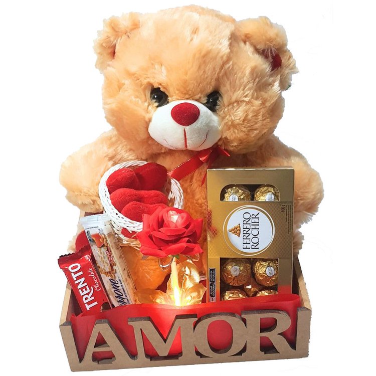 Cesta Presente Namorados Com Urso, Flor Luz E Ferrero