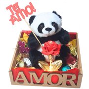 Cesta Namorados Te Amo Panda E Luminária Flor Luz