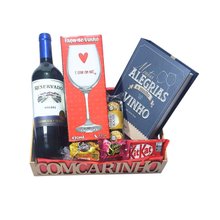 Cesta Presente Premium com Kit Vinho, Taça e Bombons