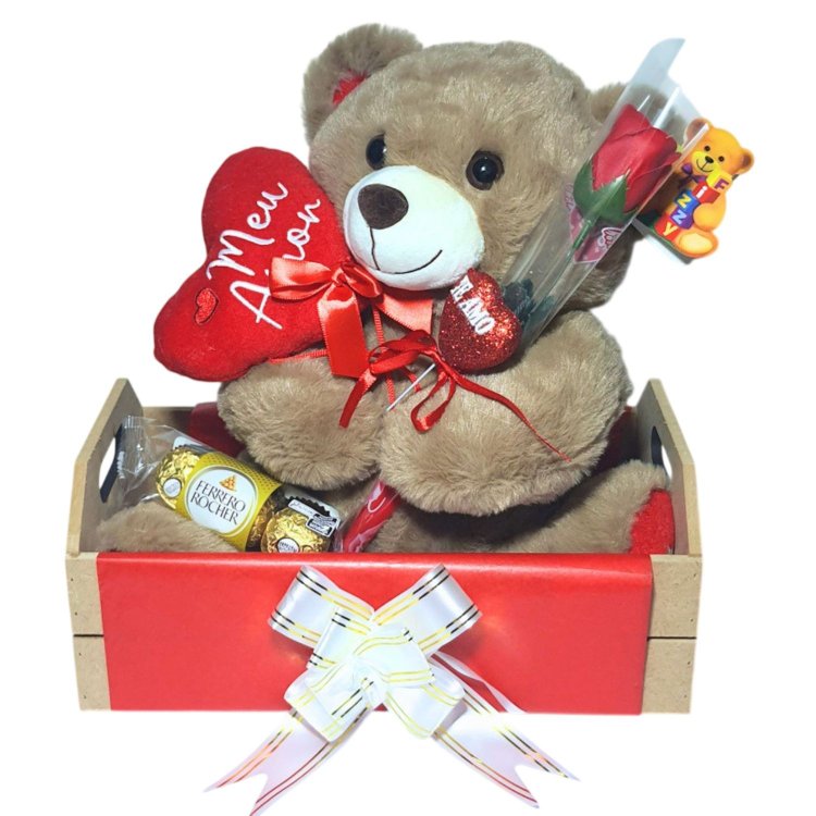 Cesta Presente Meu Amor com Urso Flor e Ferrero