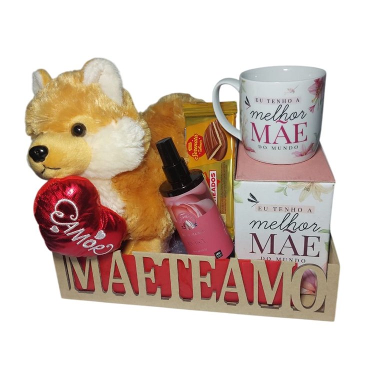Cesta Mãe c/ Cachorro Fofo, Caneca e Água Floral Rosa