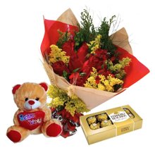 Kit Buquê de 6 Rosas com Pelúcia e Ferrero