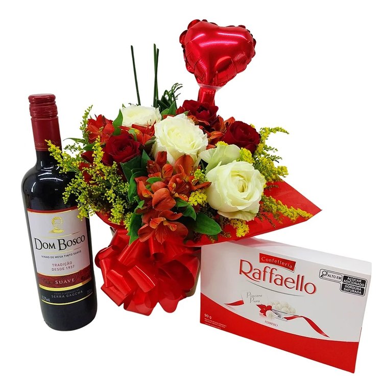 Arranjo de rosas vermelhas e brancas com vinho e choco