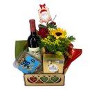 Bandeja Natal com Vinho e Arranjo de Flores