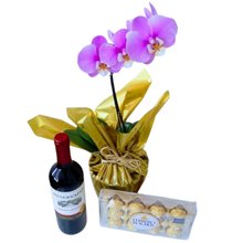 Kit de Orquídea, Chocolate e Vinho