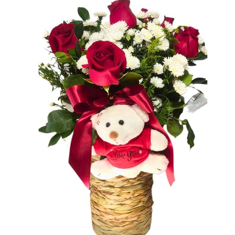 Arranjo 7 Rosas Com Pelúcia