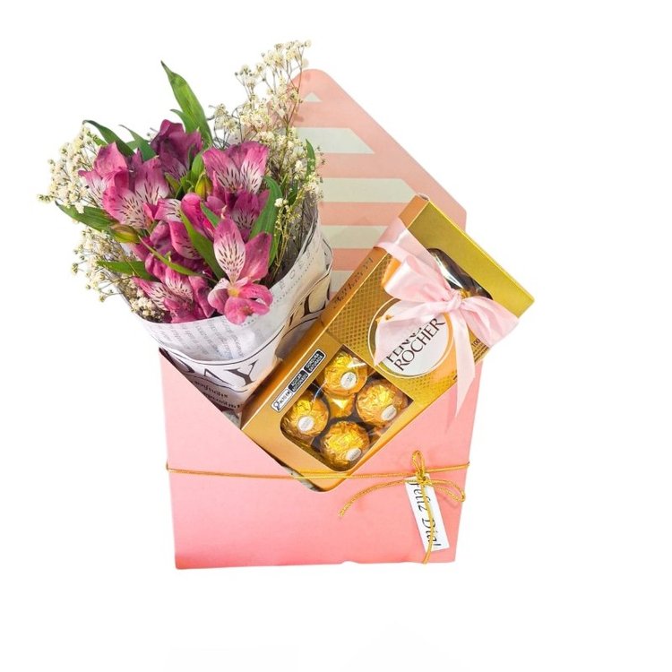 Envelope com Flores e Chocolate