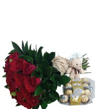 Buquê Rosas Vermelhas com Ferrero Rocher e Urso 