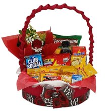 Cesta de Café da Manhá Média com Arranjo de Rosa