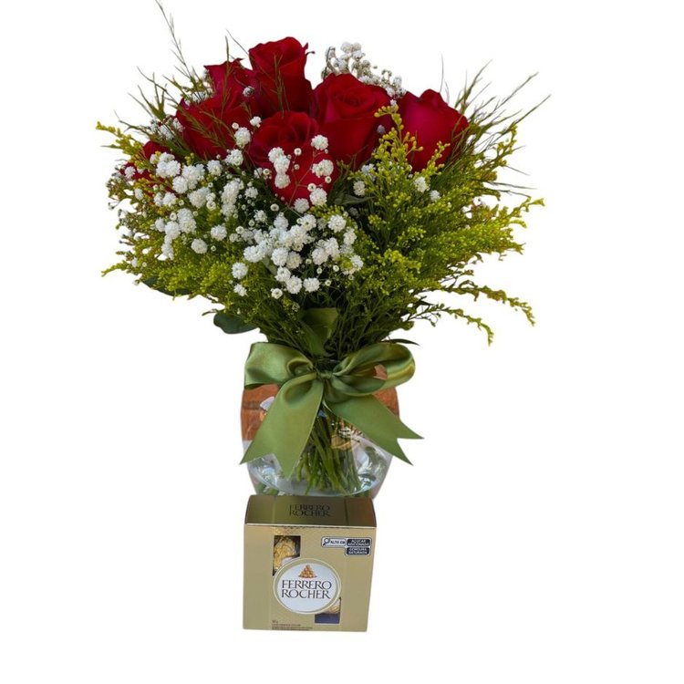 Arranjo 20 Rosas em Vidro com Ferrero Rocher T4