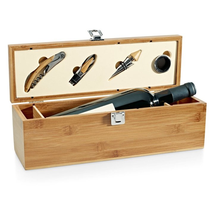 Conjunto Para Vinho em Bambu e Zinco com Vinho 750ml