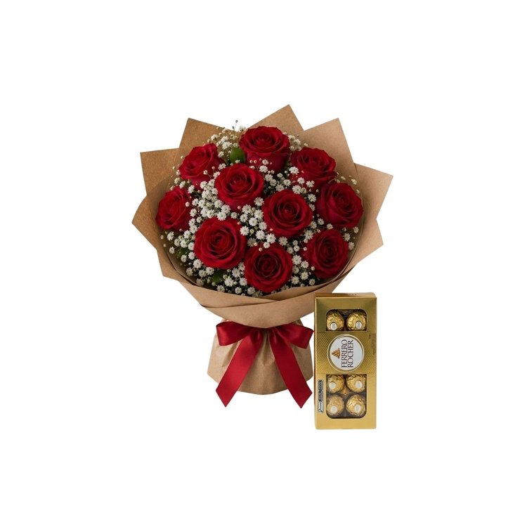 10 Vermelhas com Gypsophila e Ferrero 8 Unidades