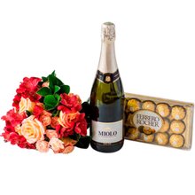 Buquê Colorido, Champanhe e Chocolate 