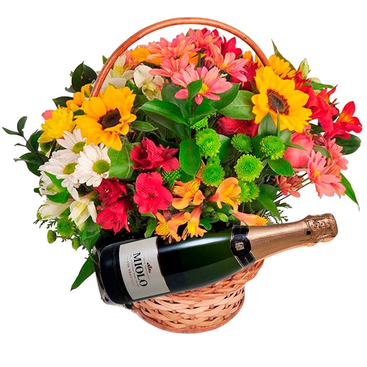 Cesta com mix de flores e espumante
