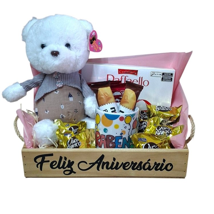 Cesta Presente Feliz Aniversário com Ursinho