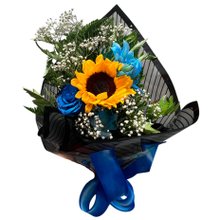 Buquê Girassol e Rosa Azul