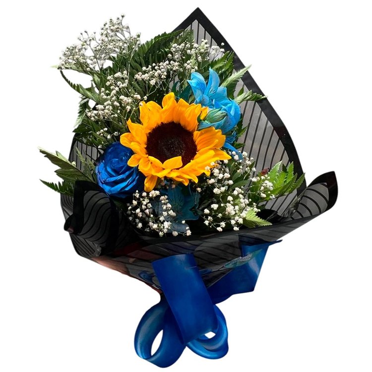 Buquê Girassol e Rosa Azul