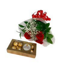 Buquê 3 Botões Vermelhos e Chocolate Ferrero