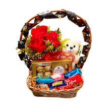 Cesta Flores e Chocolate e Pelúcia