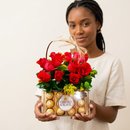 Cesta com 15 rosas Nacionais e Chocolates