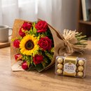 Buquê com 8 rosas e 1 Girassol e Ferrero Rocher