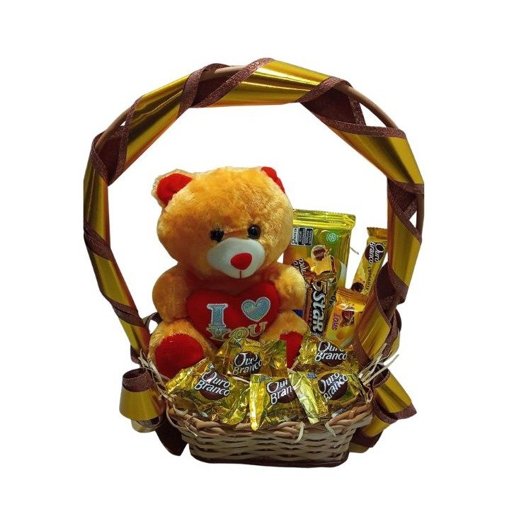 Cesta Amor de Ouro com Pelúcia