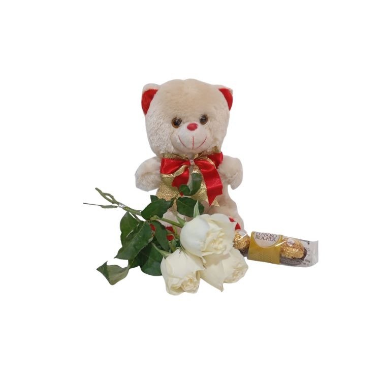 3 Rosas com Ferrero Rocher e Pelúcia