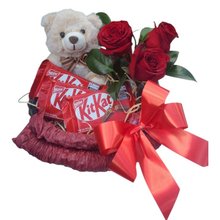 Cesta Chocolate com Rosas e Pelúcia